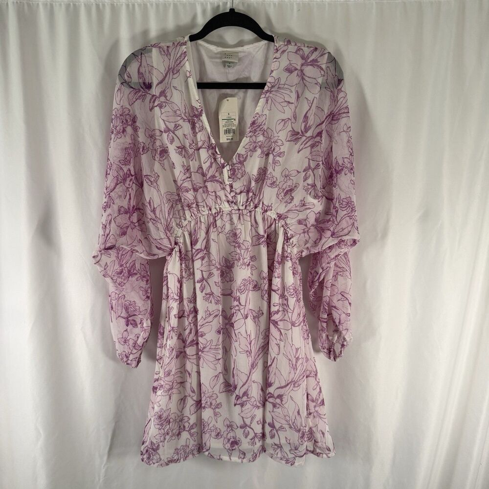 New A New Day Dress Women's Small White Purple Floral Vneck Semi Sheer Pullover